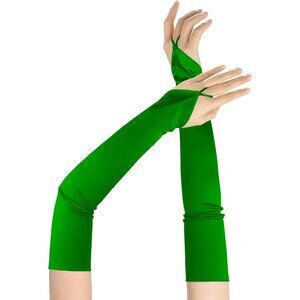 Women's Fingerless Green Satin Long Gloves Elbow Length Wedding Party Prom